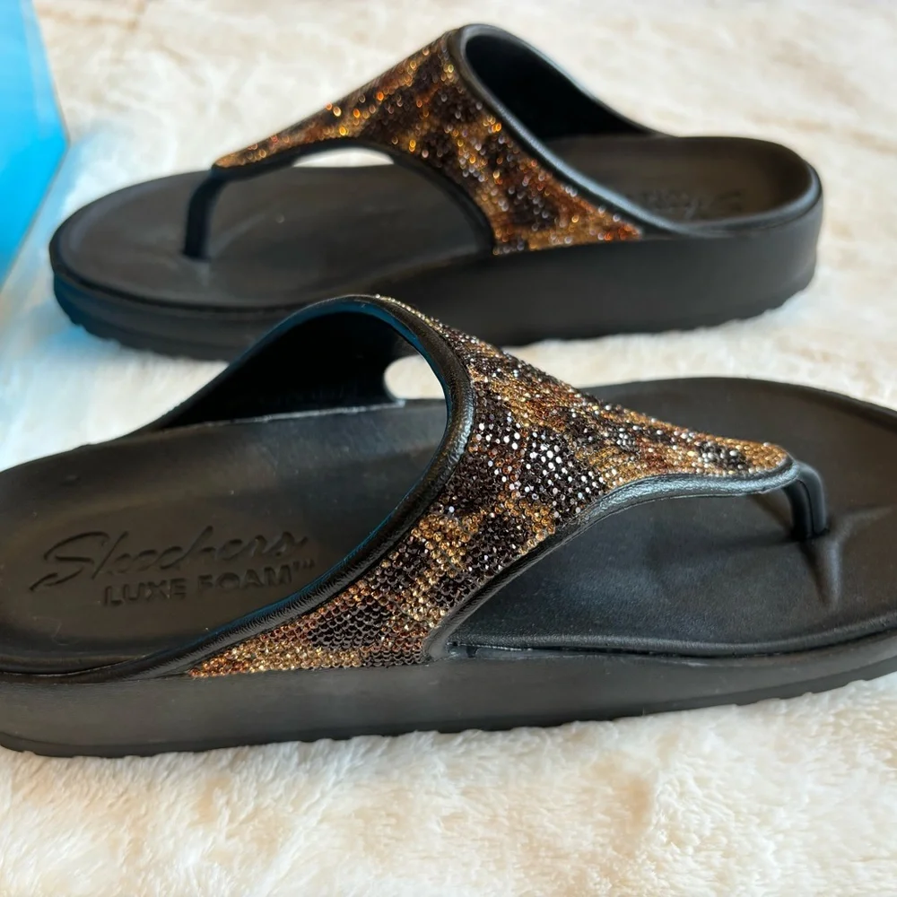 NWT Skechers Leopard Print Sandals Black and Brown Size 9 - Picture 2 of 9